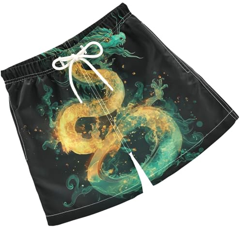 Pigsaly Boys Swim Trunks Fire Chinese Dragon Green Boys Board Shorts Swimsuit Swimwear Summer Bathing Suit XS