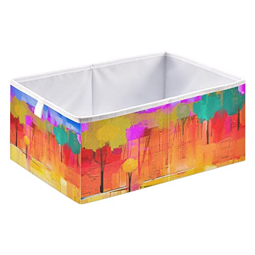 Oyihfvs Trees Field in Yellow Green Pink Red with Blue Sky Rectangle Foldable Cube Storage Basket Collapsible Fabric with Handles Organizer Clothes for Home Bedroom 15.7 x 10.6 x 7 in