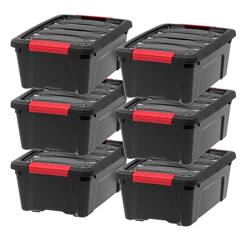 IRIS USA 12 Qt. Plastic Storage Bin Container with Durable Lid and Secure Latching Buckles, 6-Pack, Sturdy Stackable and Nestable Organizer Tote with Pull Handle for Easy Access and Storage, Black by IRIS USA - Used condition - CA$40.39