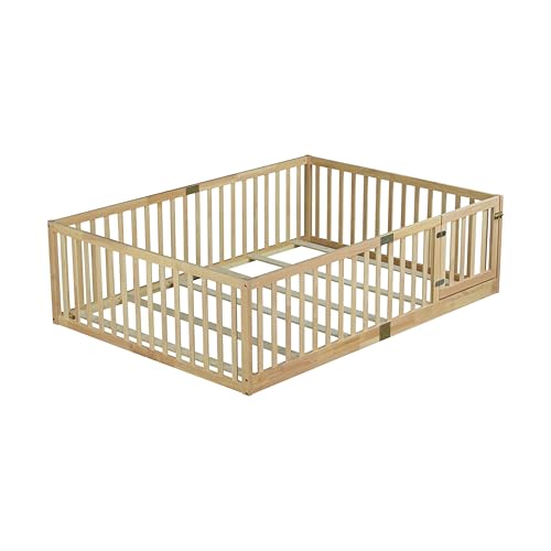 Image of Bellemave Full Size Kids Montessori Floor Bed Frame with Door and Slats,Solid Wood Floor Bed Frame with Slats and High Fence for Kids,Girls,Boys,Natural