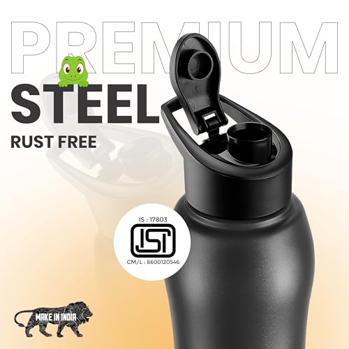 Image of Mr. TRU Sporty Stainless Steel Water Bottle 1000 ml with Sipper | ISI Certified | Single Wall | Leak Proof Lid | Rust Proof | For School, Office & Gym I Black
