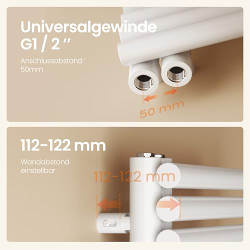 EMKE Runde Rohre Badheizkörper 153 x 60 cm, Handtuchheizkörper Seitenanschluss Badheizkörper Handtuchhalter Handtuchwärmer Handtuchtrockner Handtuch Heizkörper Bad Weiß 933W