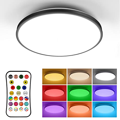Flush Mount Ceiling Light Fixture, VSATEN 12 inch 24W Round LED Ceiling Light Fixtures w/Remote Control for Bedroom Kitchen Dinning Room Hallway, 3000K/4000K/6500K Dimmable RGB Ceiling Light w/Timer