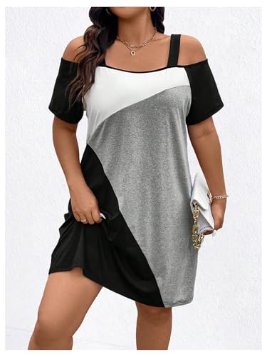 Image of SOLY HUX Women's Plus Size Dress Cold Shoulder Color Block Short Sleeve T Shirt Dress Casual Summer Dresses
