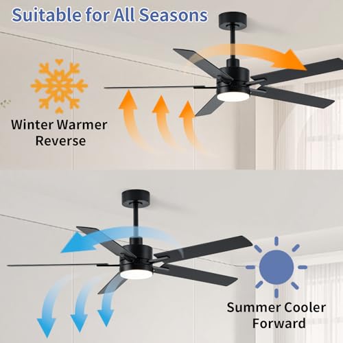 Image of LANMEL 52'' Black Ceiling Fans with Lights and Remote, 6 Speed Low Profile Modern Ceiling Fan with Quiet DC Motor for Indoor Outdoor Bedroom Living Room