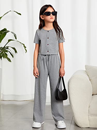 Image of OYOANGLE Girl's 2 Piece Outfits Button Front Short Sleeve Tee Shirt and Tie Front Pants Set