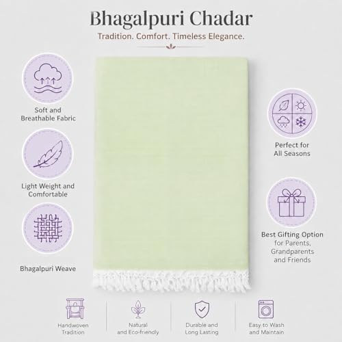 Image of Bhagalpuri Soft Dull Cotton Single Chadar | Single Thread Lightweight Odhne Wali Chadar | Top Sheet for Sleeping Summer (Green)