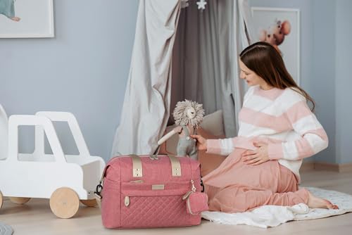 Pritent Diaper Tote, Baby Bags with Pacifier Case, Shoulder Straps, Stroller Clips, Waterproof Mommy Bag - Medium, Pink