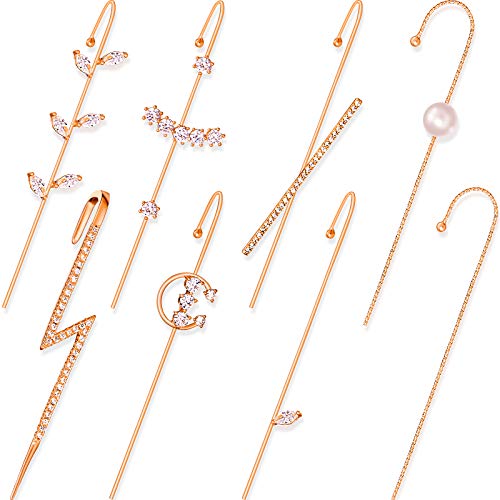 8 Pieces Ear Cuff Wrap Crawler Hook Earrings Rhinestone Crawler Earrings Piercing Crystal Hook Wrap Earrings for Women Girls (Rose Gold)