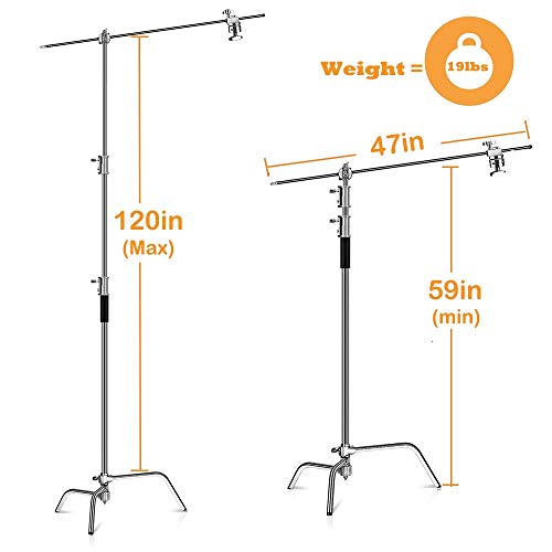 Image of ShowMaven 2 Packs Heavy Duty C-Stand Light Stand with 4ft /120cm Holding Arm & Grip Heads for Studio Video Reflector, Monolight and Other Photographic Equipment
