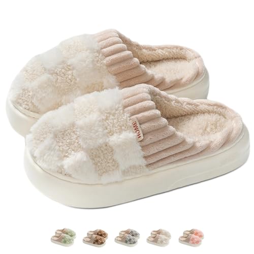 Checkered Slippers for Women Men Indoor Comfy Plaid House Slides Shoes Checkerboard Fuzzy Plush Winter Warm Slippers Slip On Bedroom Slippers Cozy Non-Slip Home Slippers