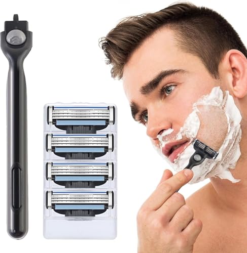 4 Pcs Compatible con Cuchillas de Afeitar Gillette Mach 3, Recambios Profesionales con un Mango, Doble Tira Lubricante, para Afeitado Diario (1+4)
