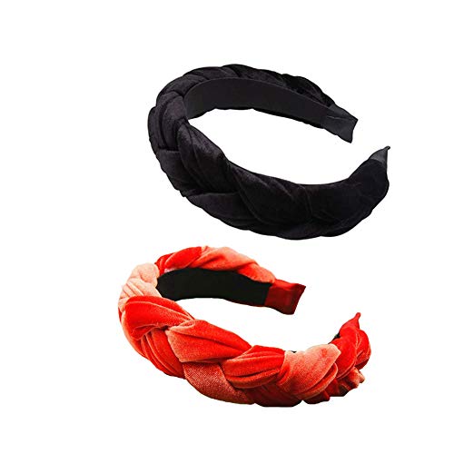 Velvet Wide Headbands Knot Turban Headband Vintage Hairband with Faux Pearl Elastic Hair Hoops Fashion Hair Accessories for Women and Girls(2pcs (Black+Orange))