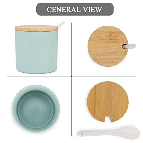 Chase Chic Ceramic Sugar Bowl, Porcelain Sugar Bowl With Wooden Lid And Porcelain Spoon 8.4Oz/250Ml In Stripe Shape, Suit For Coffee Bar, Kitchen And Home Breakfast,Matte Turquoise #TOP5