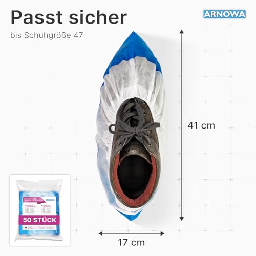 50x ARNOMED® Schuhüberzieher Mehrweg [WASSERDICHT], Galoschen, Schuh Überzieher Mehrweg, Starke Überschuhe Latexfrei, Einheitsgröße Wasser, und Staubdicht, Extra Starkem CPE+PP Material
