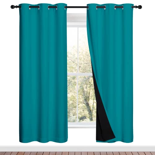 Image of NICETOWN 100% Blackout Window Curtain Panels, Full Light Blocking Drapes with Black Liner for Nursery, 72-inch Drop Thermal Insulated Draperies (Peacock Teal, 2 Pieces, 42-inch Wide Per Panel)