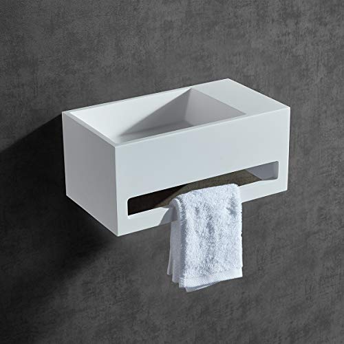 BERNSTEIN - Vasque Lavabo Rectangulaire suspendu Blanc mat 60x40x20cm Lave main mural fonte minérale + Porte-serviette & Bonde sans cache - Etagère à droite...