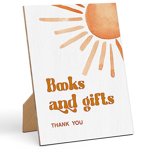 Books and Gifts Sign Baby Shower Sign-8×11 Inches, Here Comes The Sun Wooden Game Signs, Gender Neutral Tabletop Decor for Gender Reveal Party, Newborn Announcement Decoration-LA32