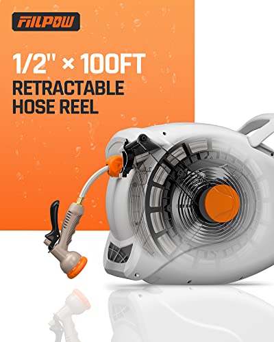 Fiilpow 100 Ft 1/2" Retractable Garden Hose Reel, Any Length Lock, Heavy-Duty Wall Mounted Hose Reel With Automatic Rewind, Brass Connector, Adjustable Patterns, 180° Garden Watering & Car Washing #TOP7