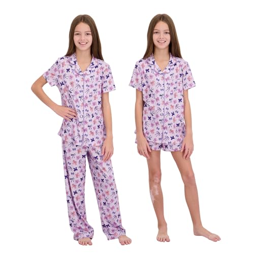Image of US Angels Girls Pajama Set 3 Piece, Short Sleeve Button Down PJs with Shorts & Pants, Soft Sleepwear Girls & Tweens Size 5-16