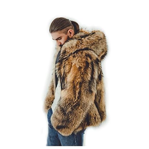 Mens Real Fur Jacket Raccoon Fur Coat for Men with Hood Real Fur Windbreaker for Men