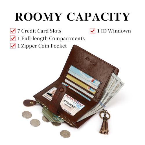 Image of Leather Wallet Women,RFID Blocking Small Wallets for Women Compact Bifold Slim Wallet Card Holder With Zipper Coin Pocket darkbrown