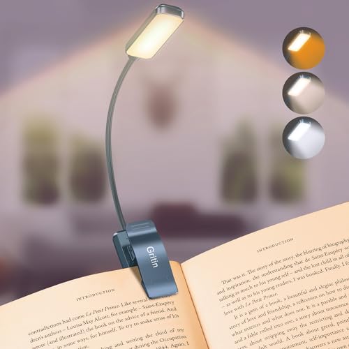 Gritin 9 LED Rechargeable Book Light for Reading in Bed - Eye Caring 3 Color Temperatures,Stepless Dimming Brightness,80 Hrs Runtime Small Lightweight Clip On Book Reading Light-Pacific Blue
