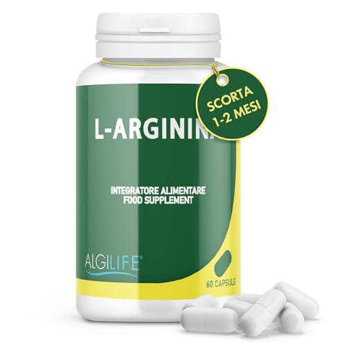 ALGILIFE L-Arginina Integratore Sportivo sviluppo Massa Muscolare (60 Capsule, Fornitura 1-2 mesi) contro Ansia e Stress favorisce la produzione di Creatina e Collagene, Vegan no Glutine e Lattosio