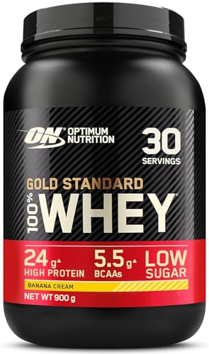 Optimum Nutrition Gold Standard 100% Whey Muscle Building and Recovery Protein Powder With Naturally Occurring Glutamine and BCAA Amino Acids, Banana Cream Flavour, 30 Servings, 900 g