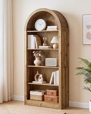 TRIBEWOOD Solid Wood 5-Tier Bookshelf, 70.86" Tall Arched Bookcase, Brown