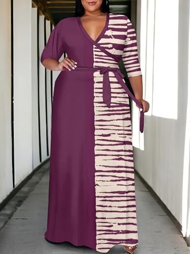 Image of SUZONANA Plus Size Maxi Dresses for Curcy Women Casual Loose 3 /4 Sleeve Long Dress with Belt