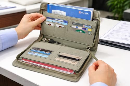 Image of Sukeshcraft Multiple Cheque Book Holder | Original PU Holds Upto 8 Cheque Books, 1 Pin-Sim Slot,14 Credit /Debit Card Slots with Matching Zipper (PU - Mild Green)