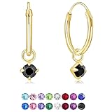 DTP Silver Pendientes de Aro Pequeños con colgante de 3 mm Cristal Swarovski Elements - Plata de Ley 925 Plateado en Oro Amarillo - Diámetro 12 mm - Color: Negro