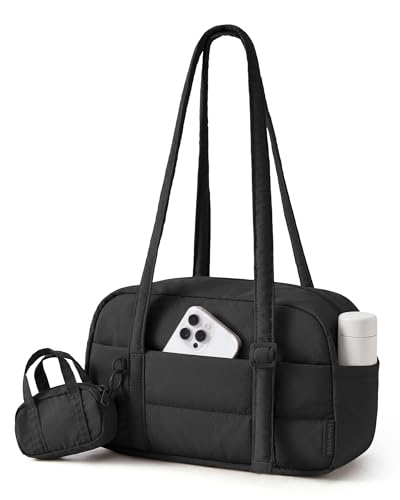 bagsmart Shoulder Bag for Women Quilted Puffy Bowling Bag with Removable Pouch Lightweight Ladies Handbags for School Travel Gym Casual Small Womens Hobos with Multi Pockets Black