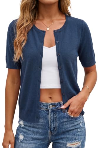 Image of Arach&Cloz Women's Wool Blend Cropped Lightweight Short Sleeve Summer Business Casual Cardigan Tops