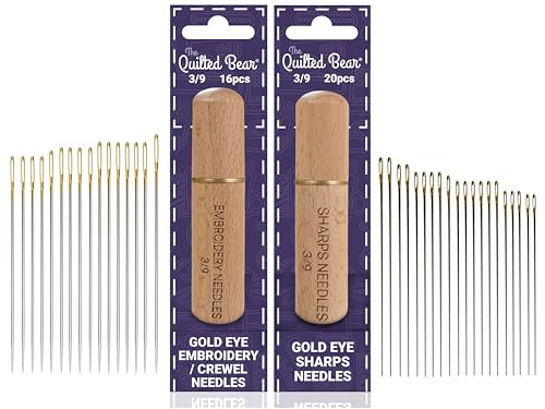 The Quilted Bear Gold Eye Crewel & Sharps Sewing Needle Bundle - 16 Crewel Needles For Embroidery & 20 Sharps Hand Sewing Needles Both In A Premium En