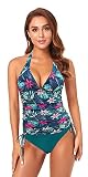 SHEKINI Damen Zweiteiliger Badeanzug V Ausschnitt Neckholder Verstellbar Kordelzug Bauchweg Tankini Top Bademode Triangle Bikinihose(XL,Dunkelgrün)