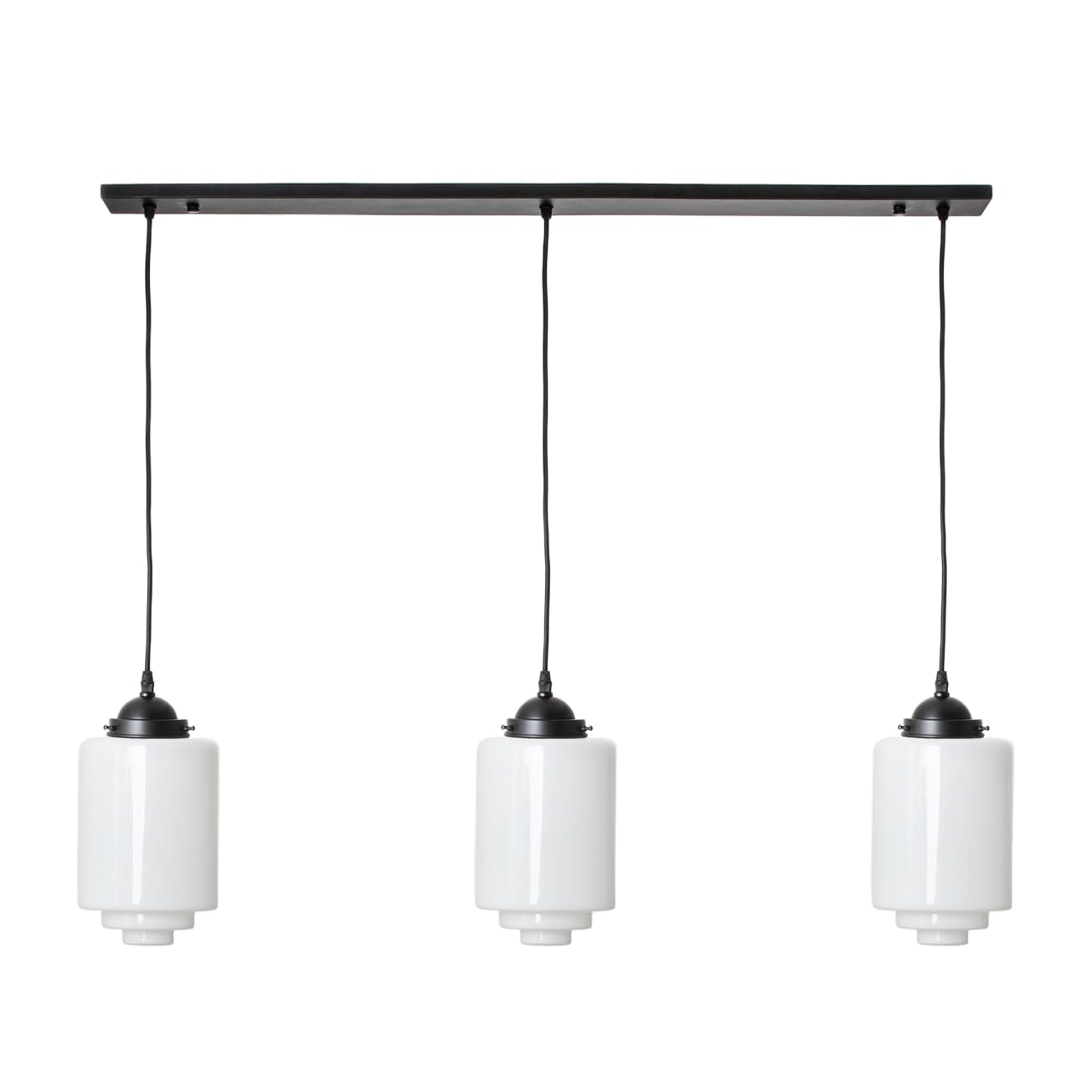 Plafonnier Art Deco 3 cylindres suspension poutre noire salon