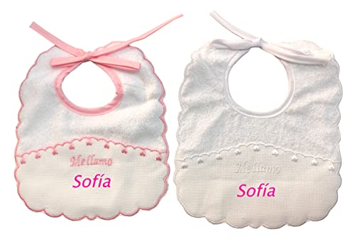 Danielstore Baberos Personalizados para Bebé Recién Nacido con Nombre Bordado – Pack de 2, 100% Algodón Impermeable, Suaves y Absorbentes, Regalo Original Bebé Niño y Niña(Me llamo rosa y blanco)