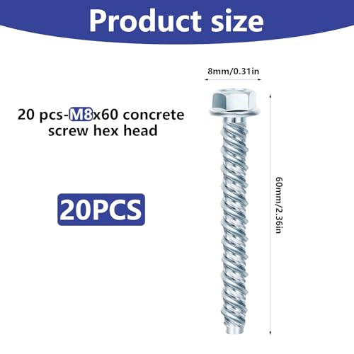 20 Stück Betonschrauben m8 x 60mm, Betonschraube Sechskantkopf Schrauben Set, Betonschrauben ohne Dübel verzinkt mit Scheibe, Schraubanker für Industrie Mauerwerk Beton Architektur