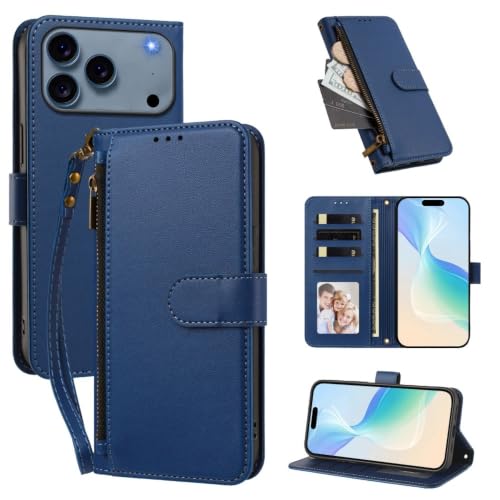 Étui iPhone 15 portefeuille cuir rabat arrière magnétique fermeture éclair bleu foncé uni
