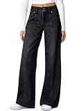 Sidefeel Women's Wide Leg Jeans High Waisted Stretchy Seamed Front Straight Leg Trendy Loose Denim Pants Black Size 8