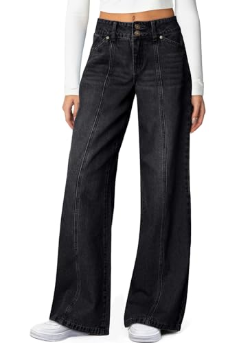 Sidefeel Women's Wide Leg Jeans High Waisted Stretchy Seamed Front Straight Leg Trendy Loose Denim Pants Black Size 6