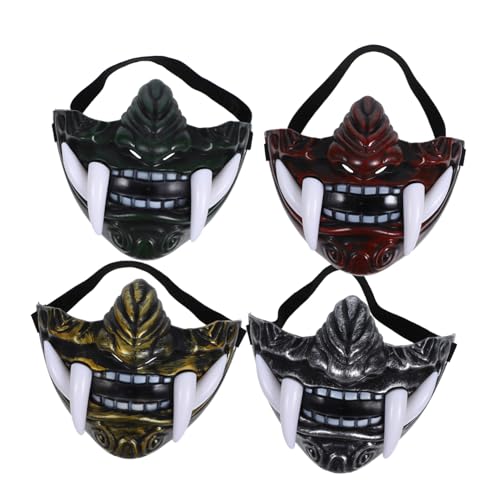 Lot de 4 masques Kabuki en plastique rigide doré, vert, rouge et argenté pour cosplay
