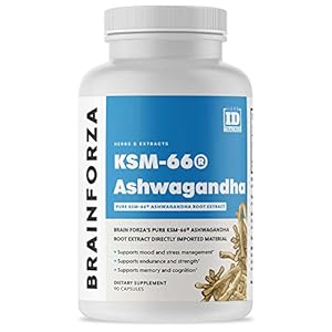 Brain Forza KSM-66 Ashwagandha Organic Pure Root Extract, Strongest 1,000mg Dose, High Potency 5% Withanolides, Hormone Health, Cognitive Support, Organic, Non-GMO, 90 Capsules