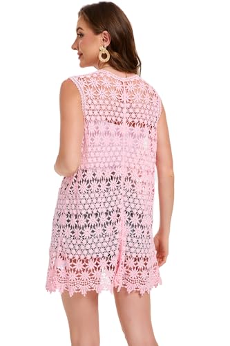 Image of GLEAMISS Women's Crochet Floral Vest Lace Trim Boho Sleeveless Cardigan