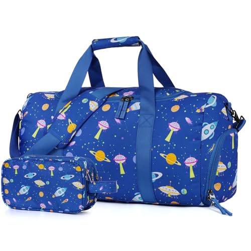 Vipdeal Boys Duffle Bag for Travel Kids Duffle Bag Large Weekender Overnight Bags with Kids Toiletry Bag Set Shoe Compartment Carry on Space Blue