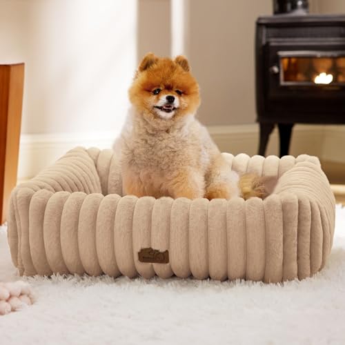 Image of Bedsure ComfyFleece Cute Dog Bed for Small Medium Dogs,25in Sandy Beige