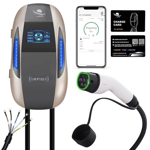 EV Charger 11kW Type 2, Electric Car Charger with 4.3" Display&6 Meter Cable, Wi-Fi&Bluetooth&APP, Indoor/Outdoor, Champagne