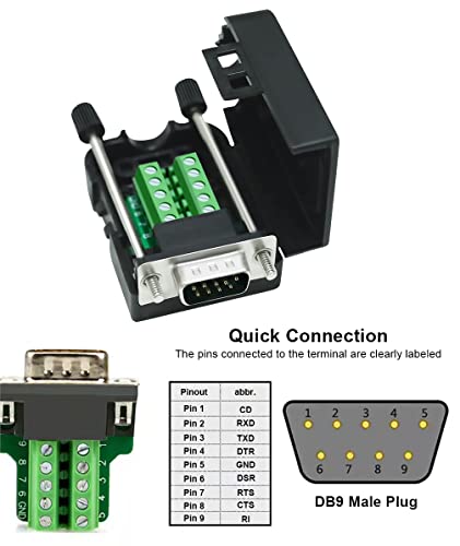 Image of DTech DB9 Breakout Connector, Male RS232 Serial Adapter, Solderless Module Board with Screw Terminals, Case, Long Bolts, Tail Pipes